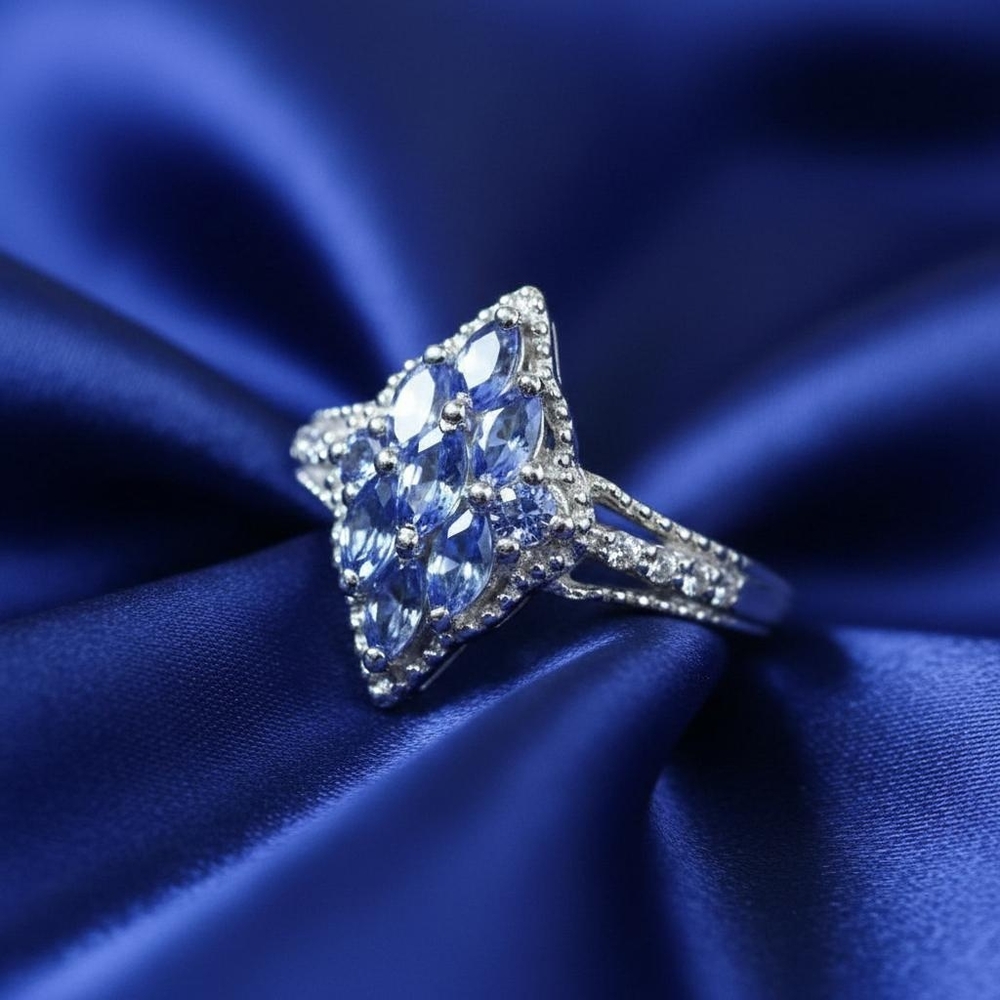 Tanzanite & Cambodian Zircon Platinum Over Sterling Silver Ring 0.78 CT Art Deco